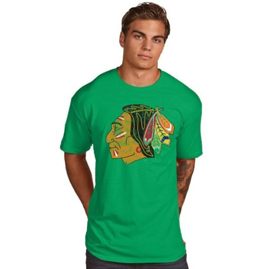 Men's NHL Chicago Blackhawks Kelly Green St. Patrick's Day Vintage Logo Superior Stripe T-Shirt - Pro Jersey Sports