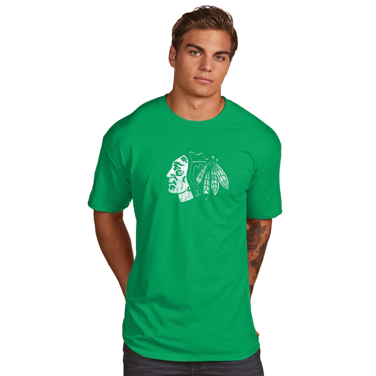 Mens Chicago Blackhawks St. Patrick's Day Distressed Primary Logo Superior Tee - Pro Jersey Sports