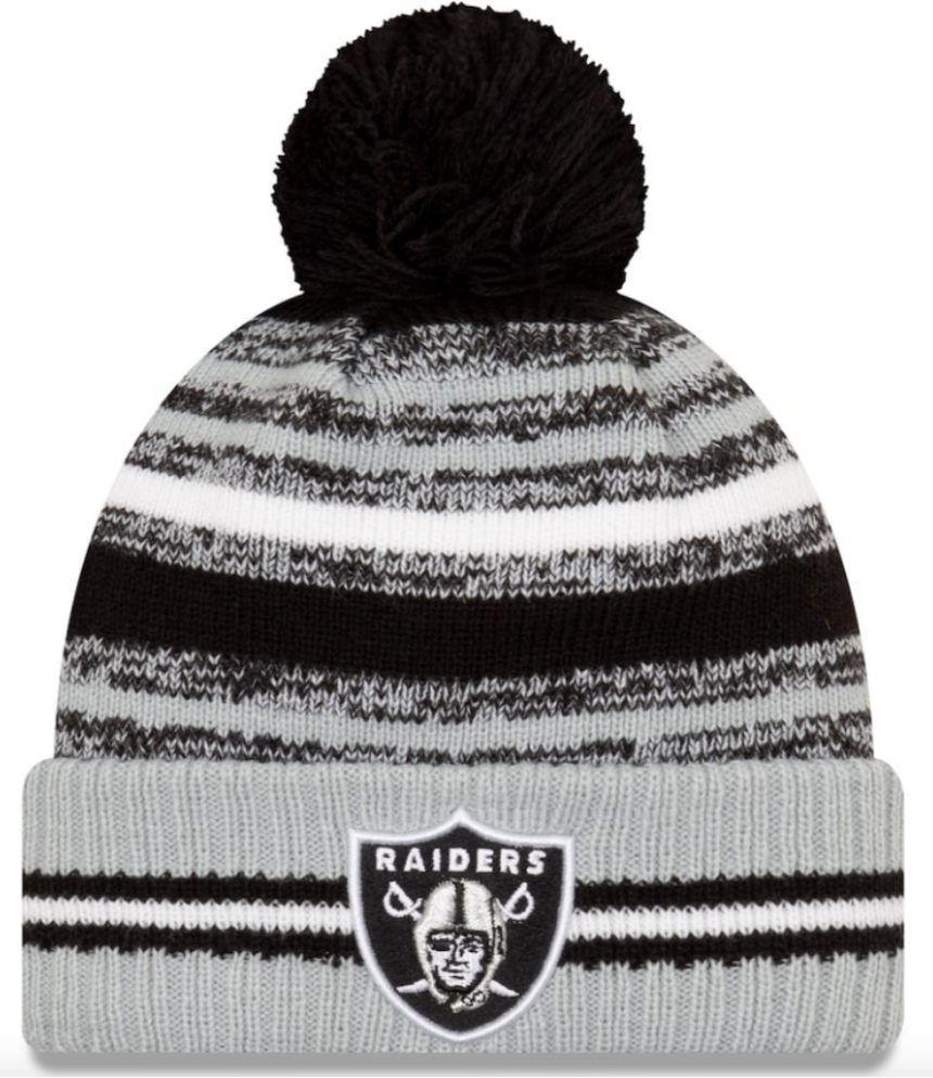 Men's Las Vegas Raiders New Era Black/Silver 2021 NFL Sideline Sport Official Pom Cuffed Knit Hat - Pro Jersey Sports