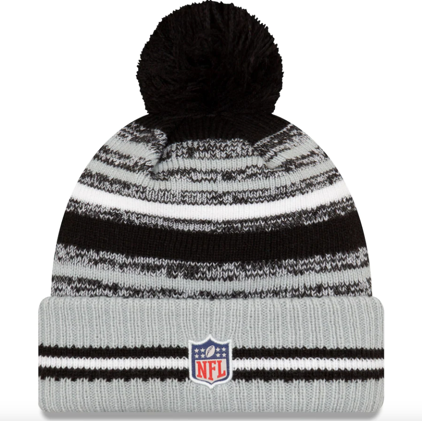 Men's Las Vegas Raiders New Era Black/Silver 2021 NFL Sideline Sport Official Pom Cuffed Knit Hat - Pro Jersey Sports
