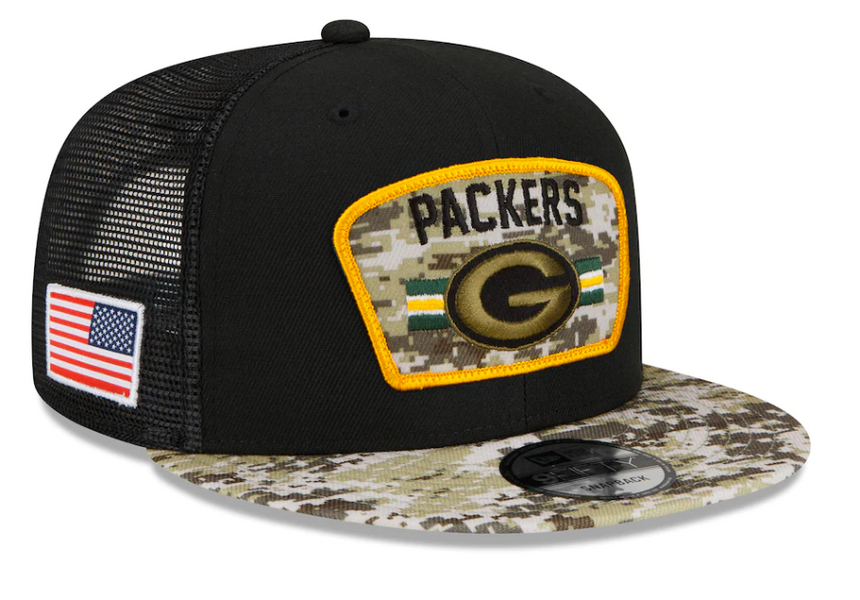 Men's Green Bay Packers New Era Black/Camo 2021 NFL Salute To Service Trucker 9FIFTY Snapback Adjustable Hat - Pro Jersey Sports