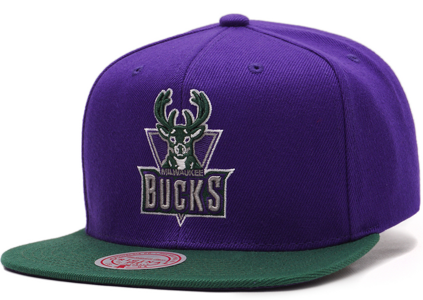 Men's Milwaukee Bucks 2 Tone Purple/ Green Mitchell & Ness NBA Core Basic Hardwood Classics Snapback Adjustable Hat - Pro Jersey Sports