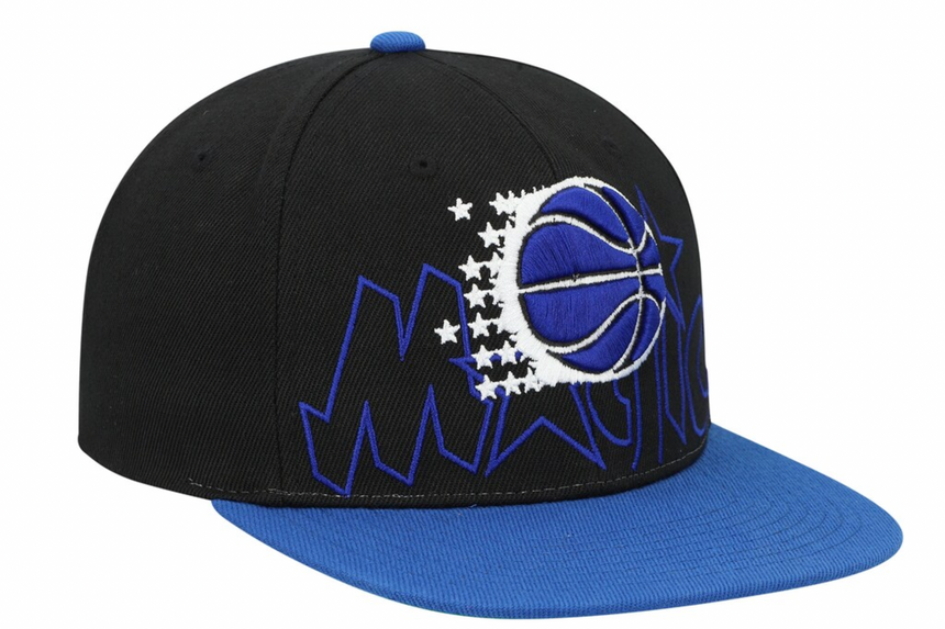 Men's Orlando Magic Mitchell & Ness 2 Tone Black and Royal Low Big Face Hardwood Classics Snapback Hat - Pro Jersey Sports