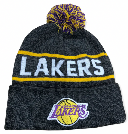 Los Angeles Lakers Mitchell & Ness NBA Reload 2.0 Gray Cuffed Pom Knit Hat - Pro Jersey Sports
