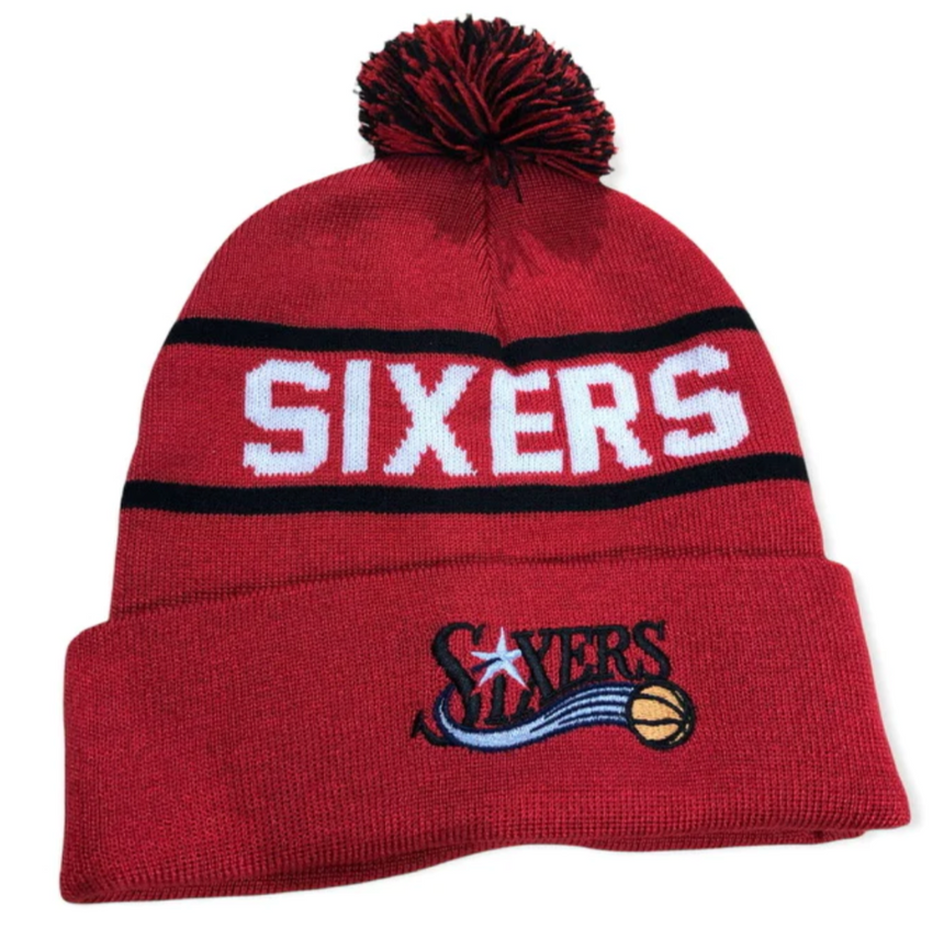 Philadelphia 76ers Mitchell & Ness NBA Reload 2.0 Red Cuffed Pom Knit Hat - Pro Jersey Sports