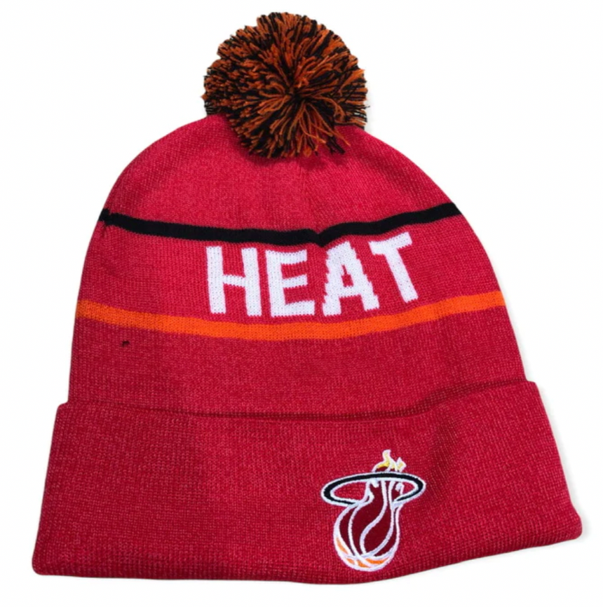 Miami Heat Mitchell & Ness NBA Reload 2.0 Pink Cuffed Pom Knit Hat - Pro Jersey Sports