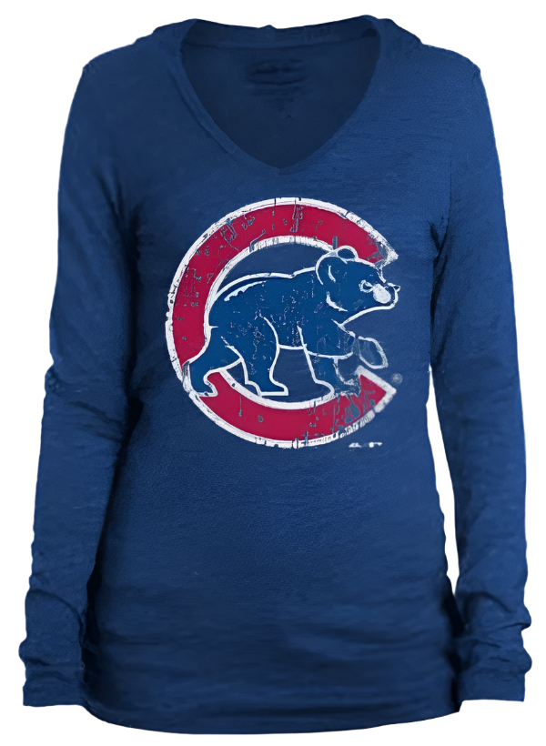Women's Chicago Cubs Over Sized Walking Bear Logo Long Sleeve Triblend Hoodie Tee - Pro Jersey Sports