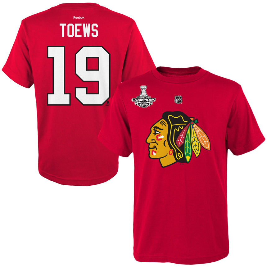 Men's Chicago Blackhawks Jonathan Toews Red Reebok 2015 Stanley Cup Champions Name & Number T-Shirt - Pro Jersey Sports
