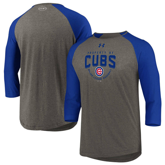 Men's Chicago Cubs Under Armour Heathered Gray/Blue Tri-Blend Property Of 3/4-Sleeve Performance T-Shirt - Pro Jersey Sports