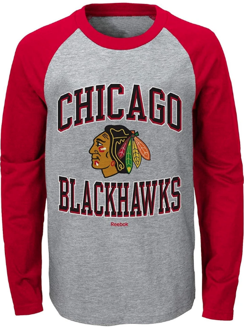 Chicago Blackhawks Child Long Sleeve Gray/Red Raglan T-Shirt - Pro Jersey Sports