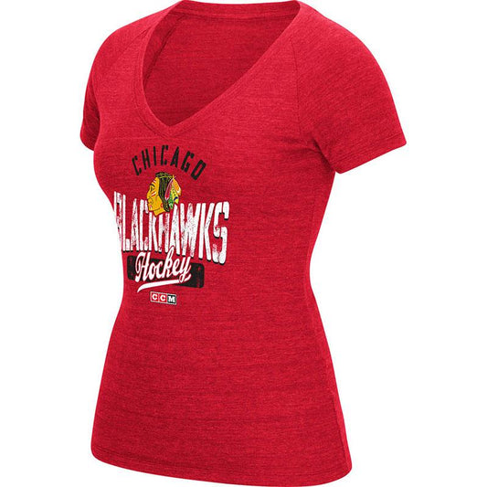 Women's Chicago Blackhawks CCM Heather Red Arch Down V-Neck Tee - Pro Jersey Sports