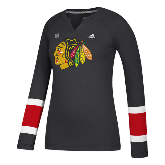 Women’s Chicago Blackhawks Black Long Sleeve Henley Tee - Pro Jersey Sports