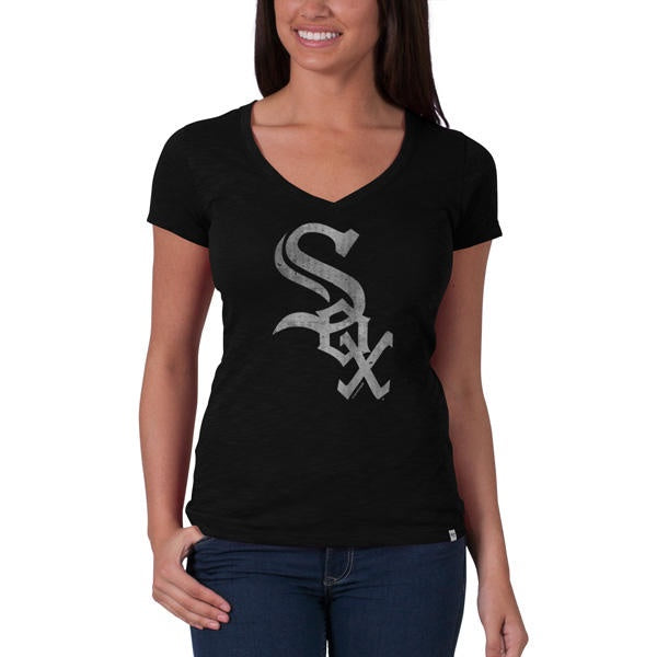 Women's '47 Brand Chicago White Sox Jet Black V-Neck Scrum Tee - Pro Jersey Sports