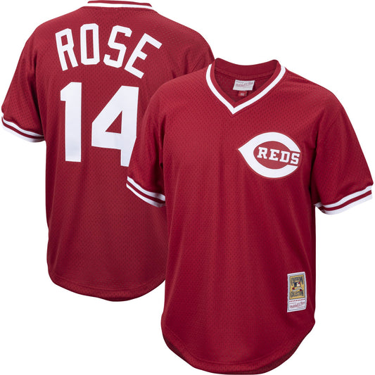 Men's Pete Rose Cincinnati Reds Mitchell & Ness Cooperstown Collection Authentic Mesh Batting Practice Jersey - Red - Pro Jersey Sports