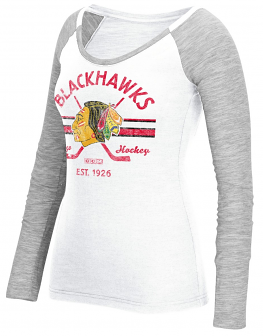 Women's Chicago Blackhawks CCM White/Gray Long Sleeve Stripe Stick T-Shirt - Pro Jersey Sports