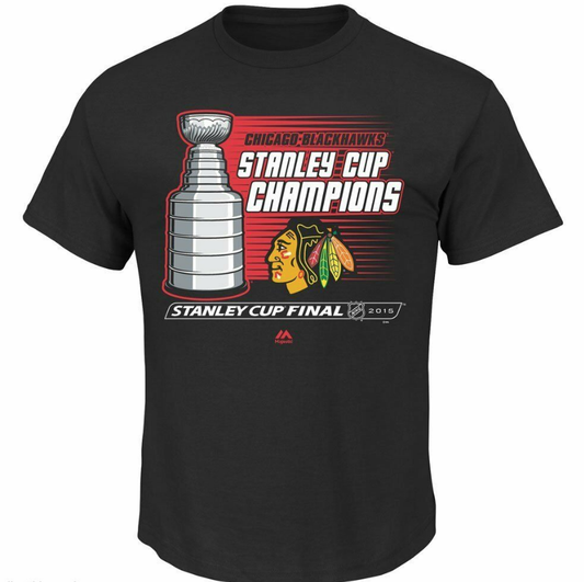 Mens Majestic Chicago Blackhawks 2015 Stanley Cup Champions Black Natural Hatty Tee - Pro Jersey Sports