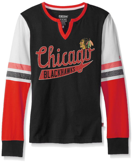 Women's Chicago Blackhawks CCM Black Henley Long Sleeve Tee - Pro Jersey Sports