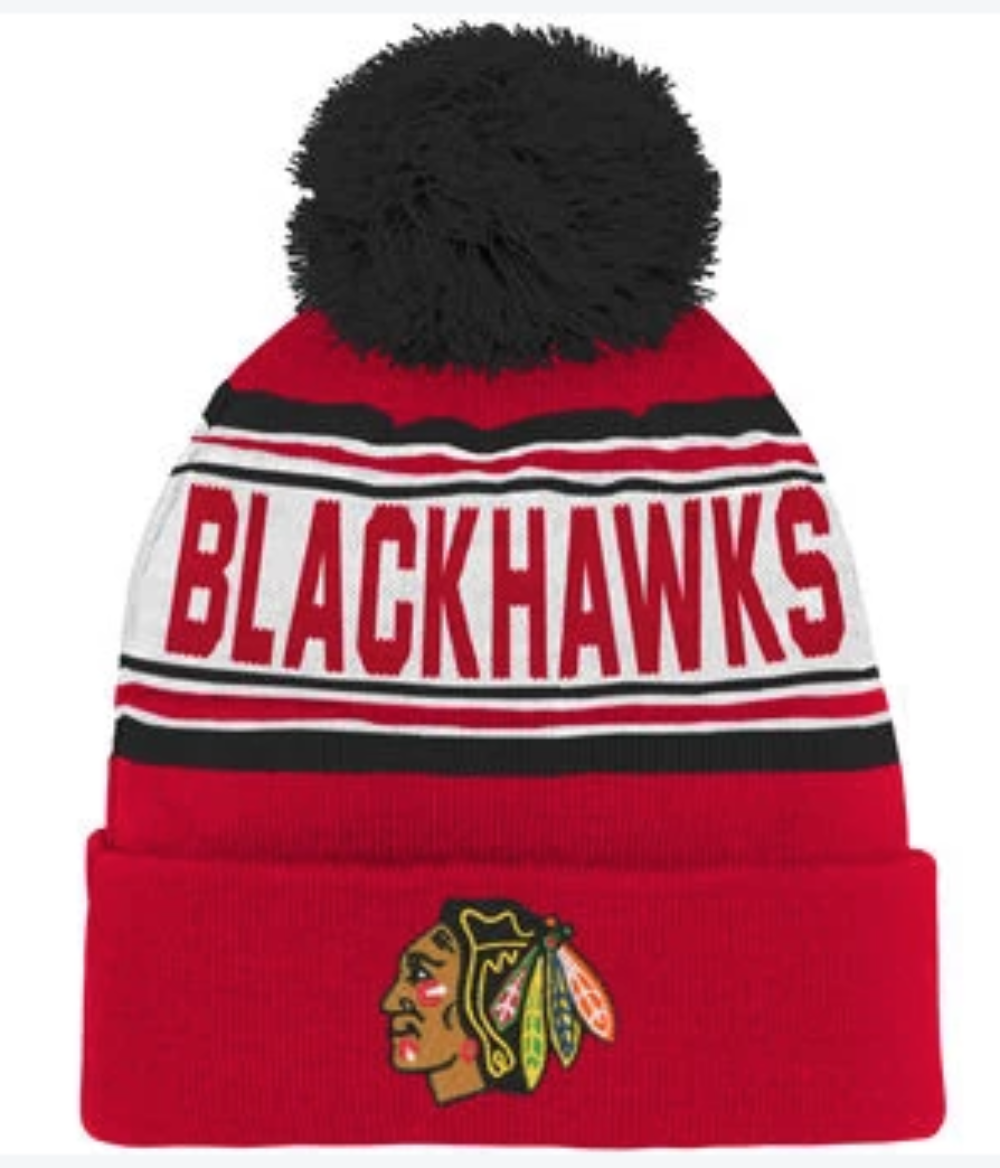 Kids Chicago Blackhawks Red Face Off Cuffed Pom Knit Hat By Reebok - Pro Jersey Sports