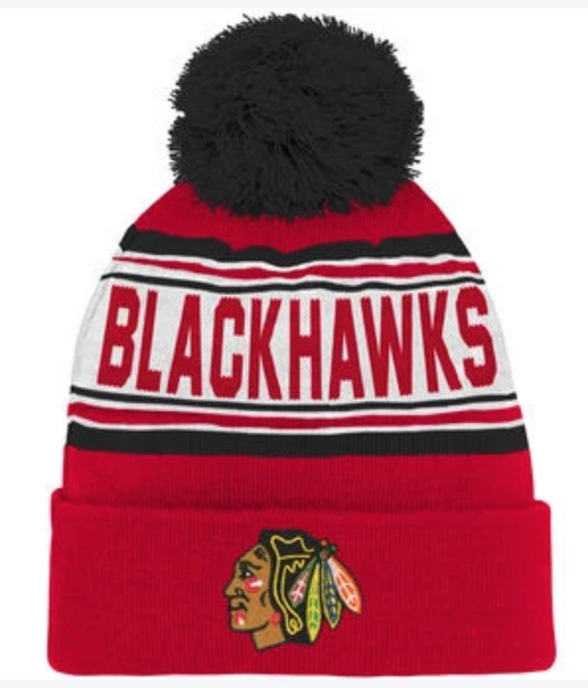 Kids Chicago Blackhawks Red Face Off Cuffed Pom Knit Hat By Reebok - Pro Jersey Sports
