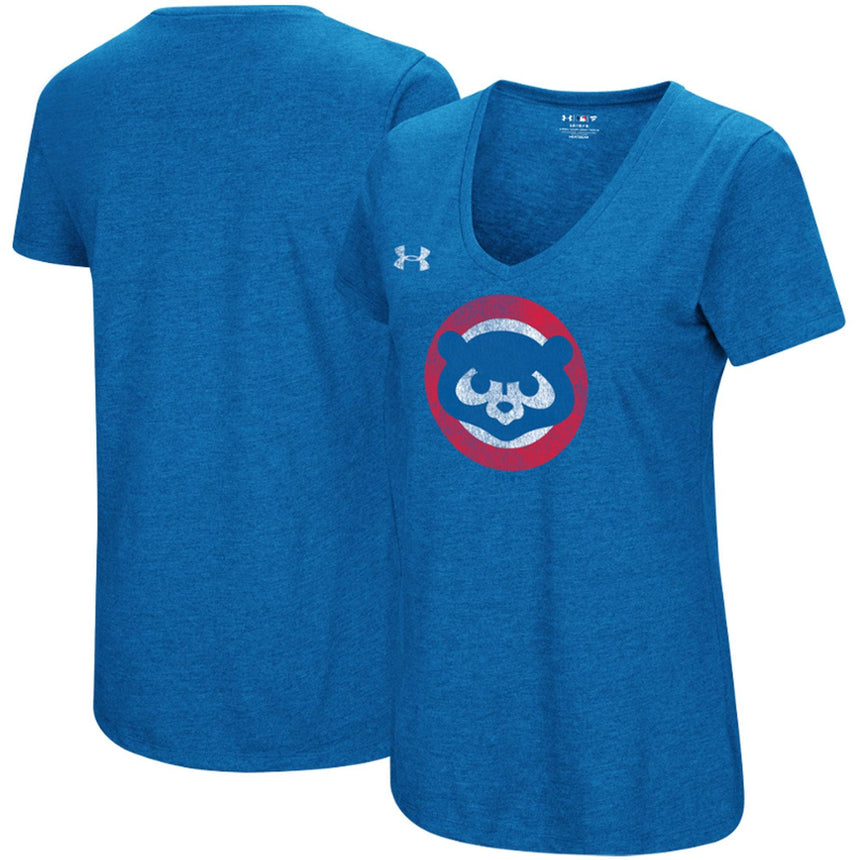Women's Chicago Cubs Under Armour Heathered Royal Cooperstown Collection Logo Performance Tri-Blend V-Neck T-Shirt - Pro Jersey Sports