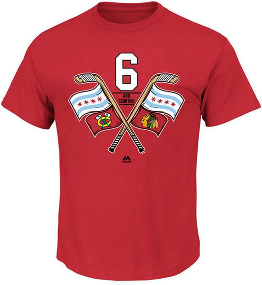 Men's Chicago Blackhawks Majestic Red 6 Time Champions Raise The Flag Tee - Pro Jersey Sports