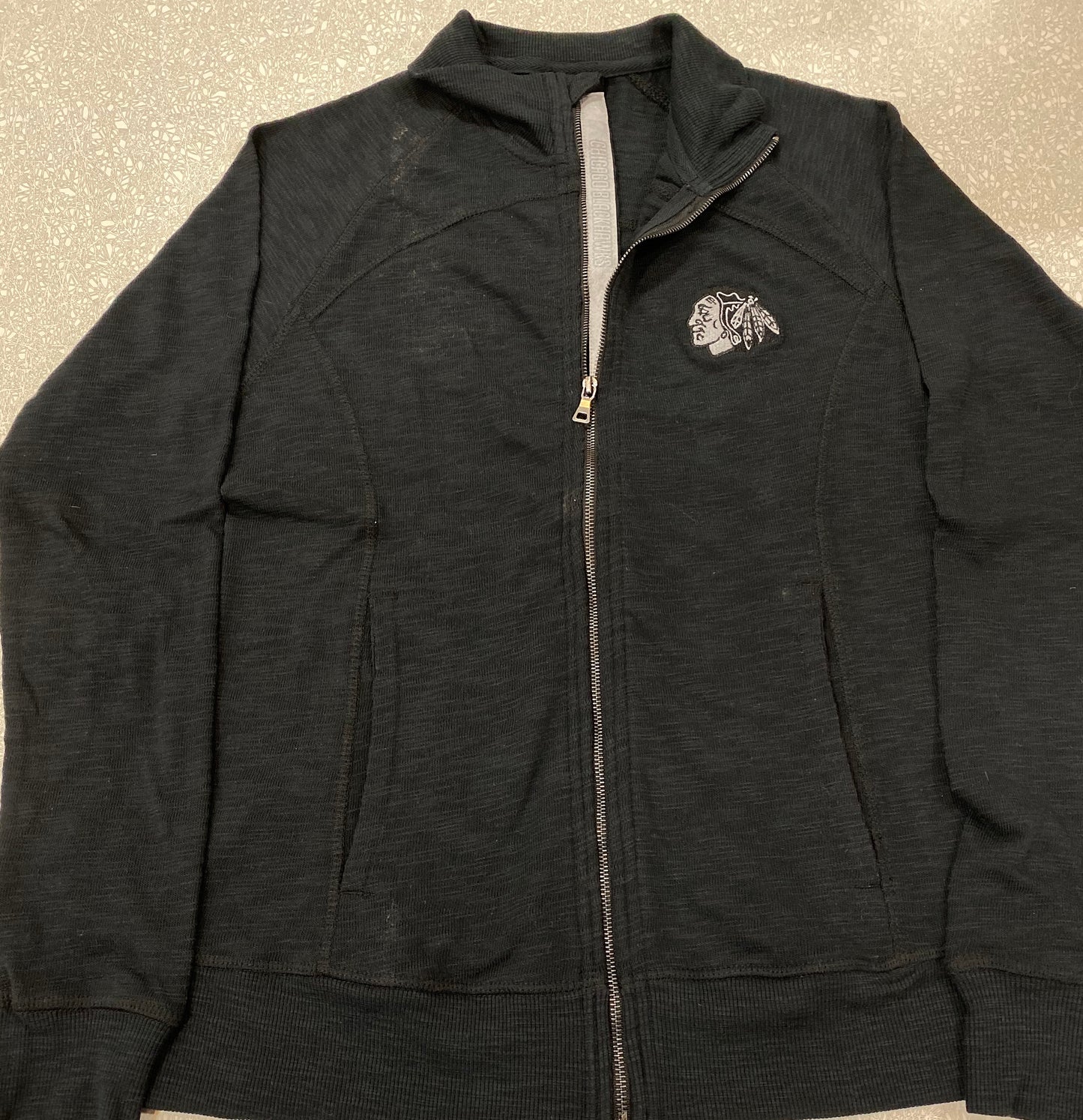 Women's Chicago Blackhawks Full Zip Black Down The Middle Faux Show Text Crew Jacket