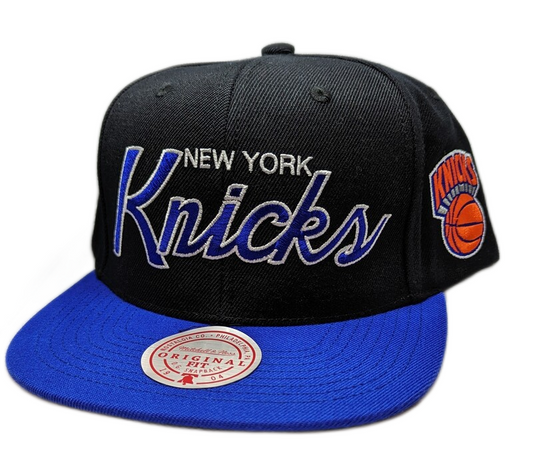 New York Knicks Hardwood Classics 2 Tone Black/Blue Team Script 2.0 Mitchell & Ness Snapback Hat