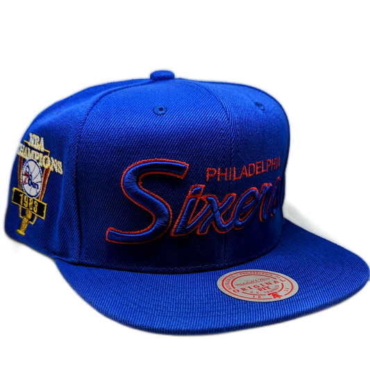 Men's Philadelphia 76ers Mitchell & Ness Royal Script Hardwood Classics Champ Year Trophy Snapback Hat