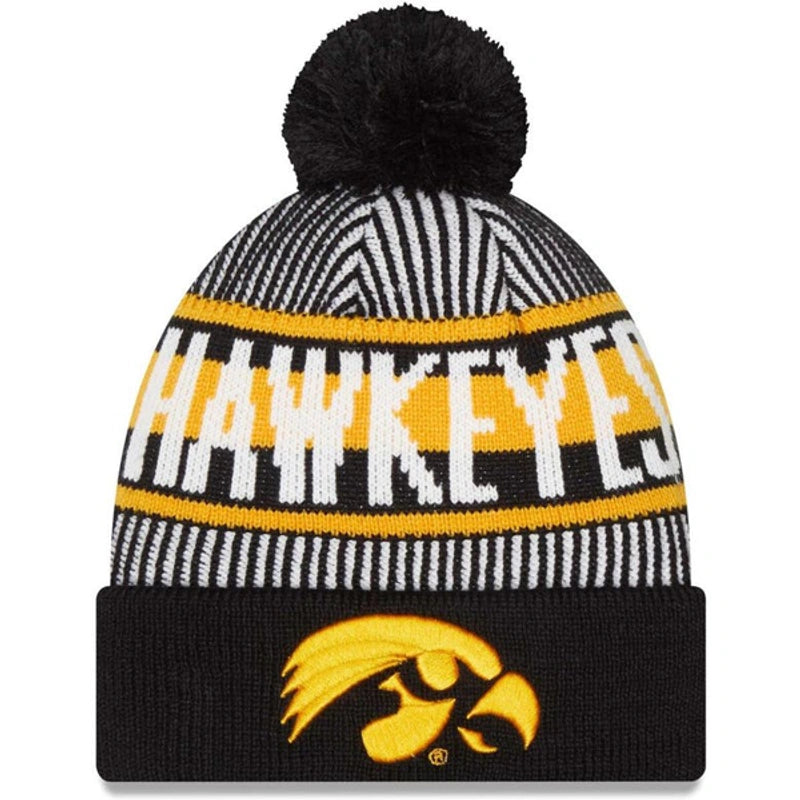 Men's Iowa Hawkeyes Black NCAA New Era Knitstripe Cuffed Pom Knit Hat