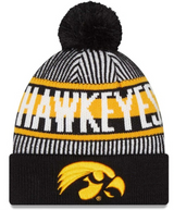 Men's Iowa Hawkeyes Black NCAA New Era Knitstripe Cuffed Pom Knit Hat - Pro Jersey Sports