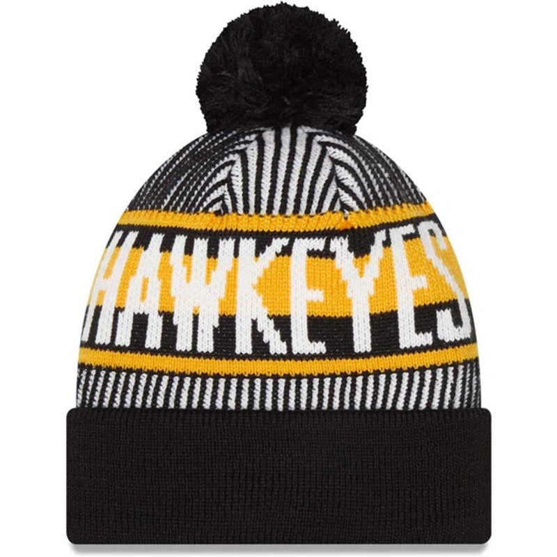 Men's Iowa Hawkeyes Black NCAA New Era Knitstripe Cuffed Pom Knit Hat