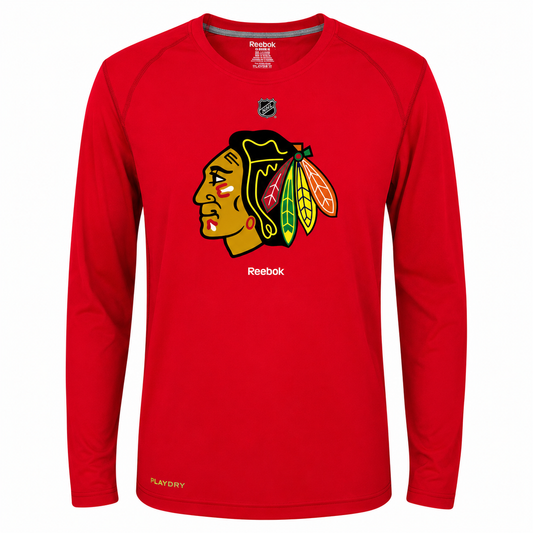 Chicago Blackhawks Youth Team Logo Dri-fit Long Sleeve Tee By Reebok-Red