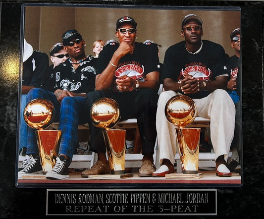 Chicago Bulls Dennis Rodman, Michael Jordan, & Scottie Pippen "Repeat of the 3-Peat" Photo Plaque