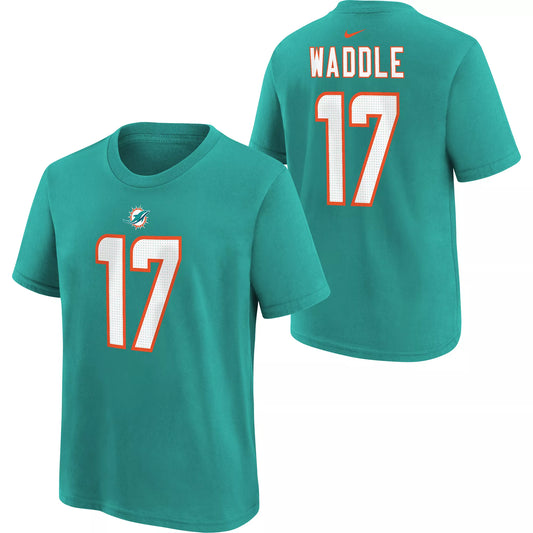 Youth NIKE Miami Dolphins Jaylen Waddle Aqua Player Name & Number T-Shirt