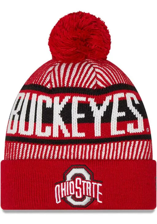 Men's Ohio State Buckeyes Scarlet NCAA New Era Knitstripe Cuffed Pom Knit Hat