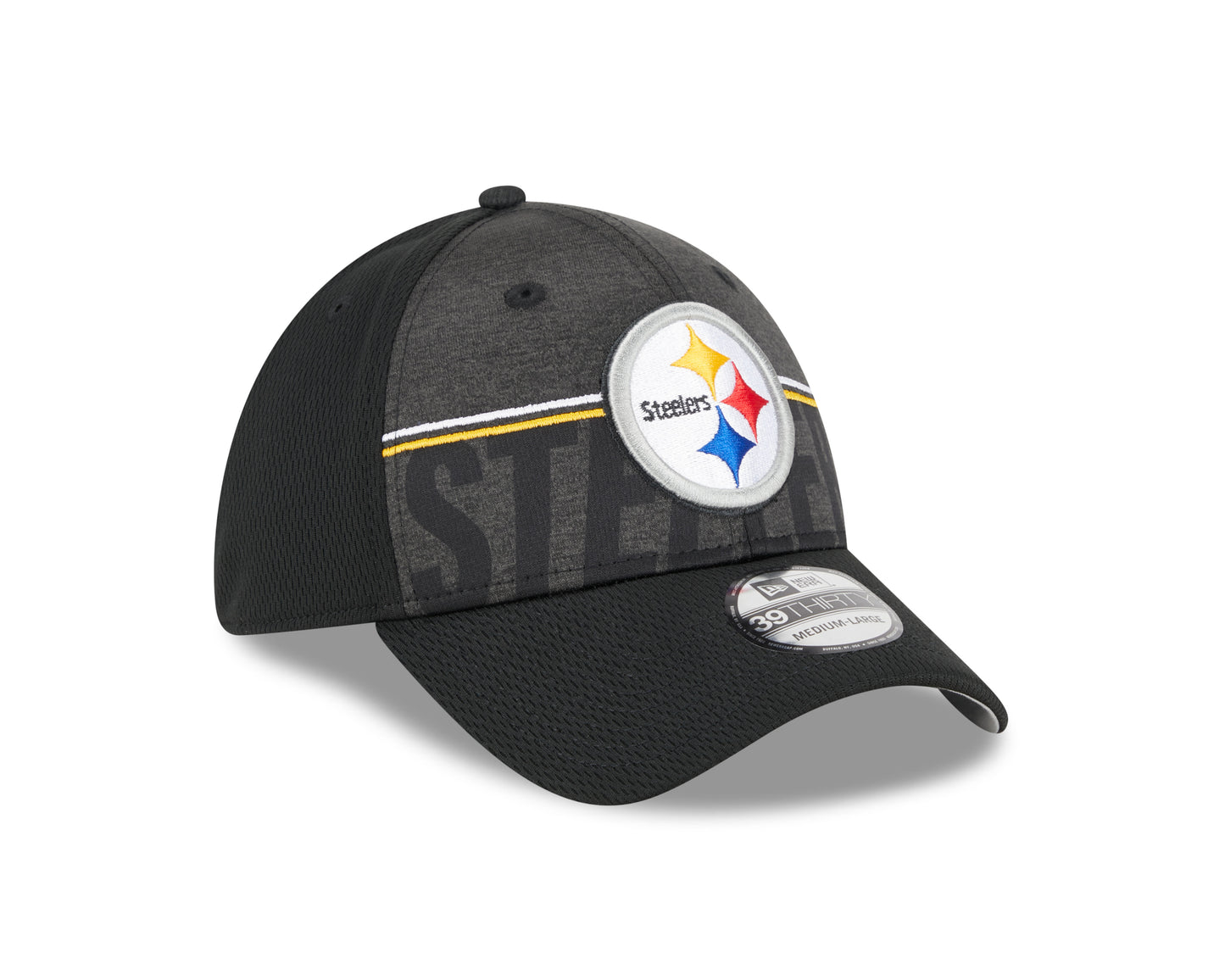 Men's Pittsburgh Steelers New Era NFL 2023 Training Camp Black Primary Logo 39THIRTY Flex Fit Hat