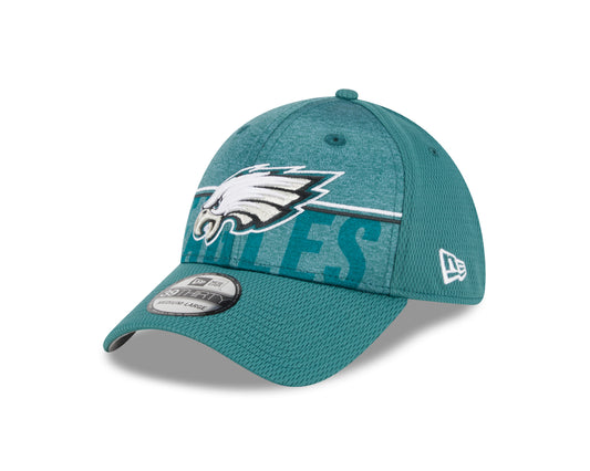Men's Philadelphia Eagles New Era NFL 2023 Training Camp Midnight Green Primary Logo 39THIRTY Flex Fit Hat