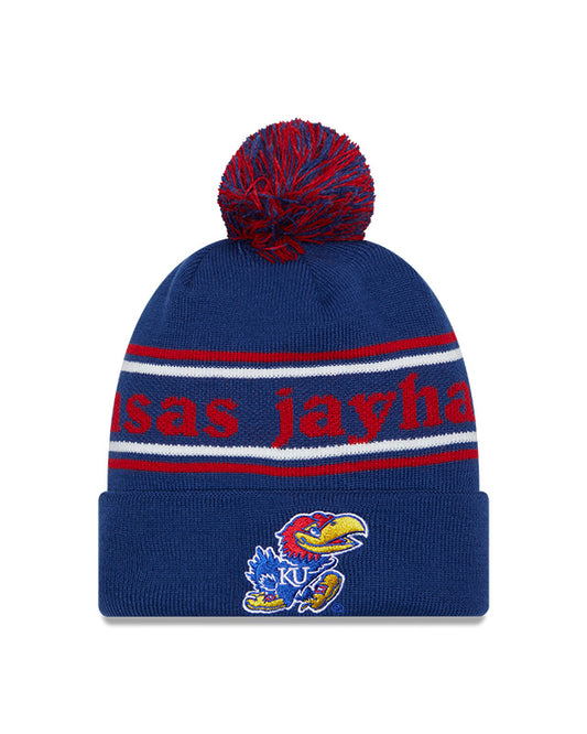 Kansas Jayhawks Blue New Era Marquee Cuffed Knit Hat with Pom