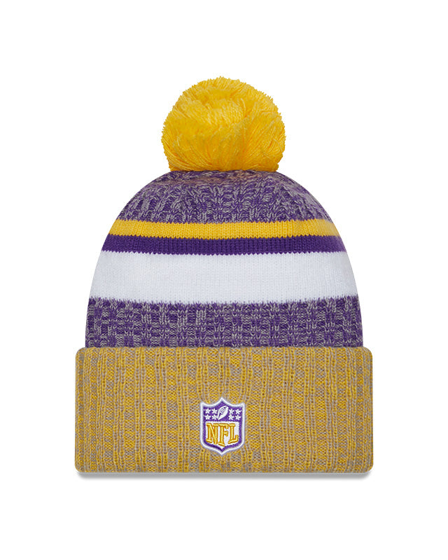 Men's Minnesota Vikings New Era Purple/Yellow 2023 Sideline Cuffed Knit Hat With Pom