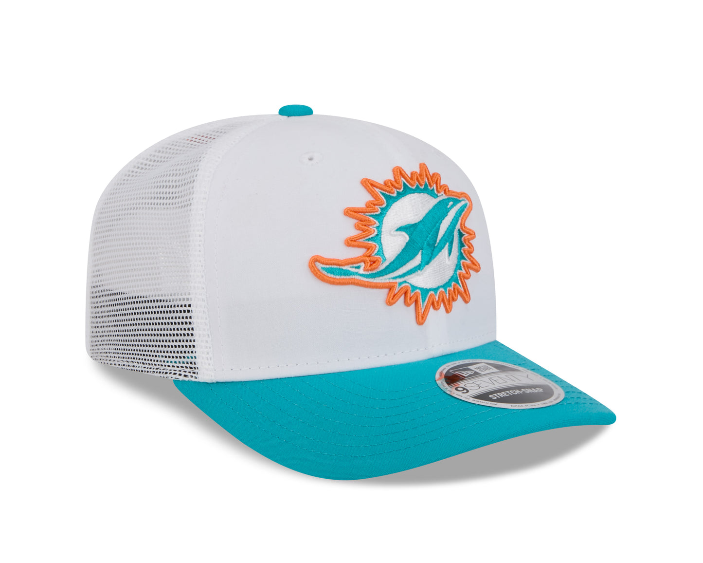 Men's Miami Dolphins New Era White/Aqua 2024 NFL Training Camp 9SEVENTY Trucker Hat
