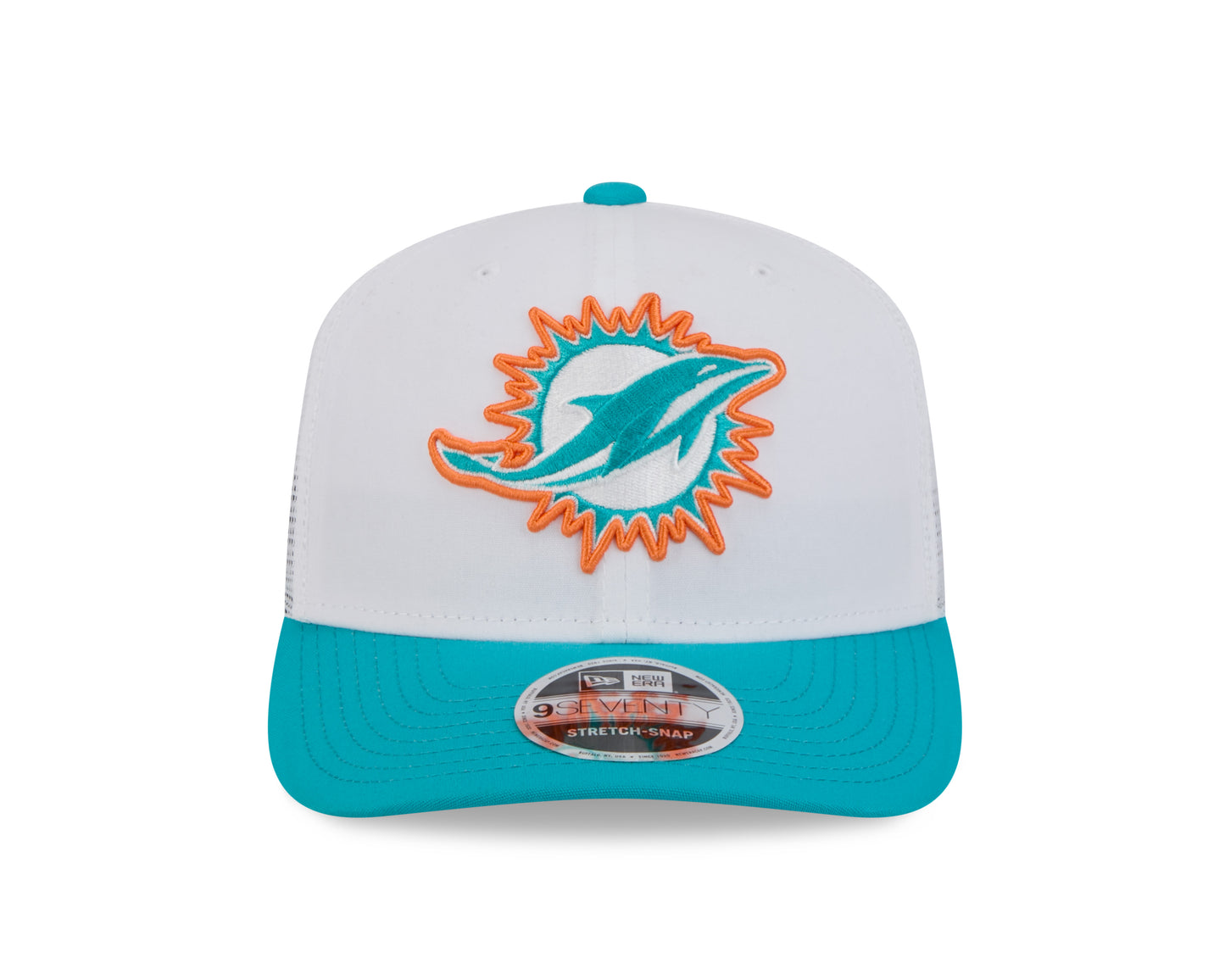 Men's Miami Dolphins New Era White/Aqua 2024 NFL Training Camp 9SEVENTY Trucker Hat