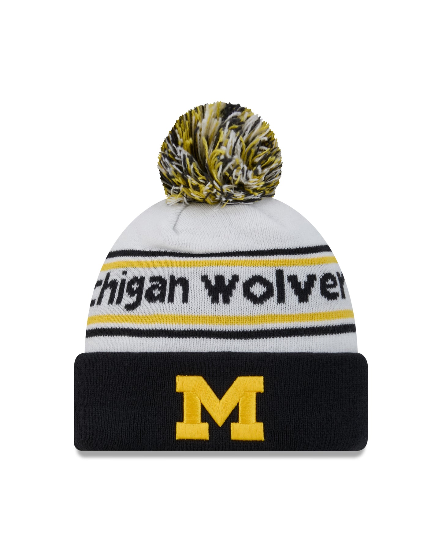 Men's Michigan Wolverines New Era White/Blue Banded Cuffed Pom Knit Hat