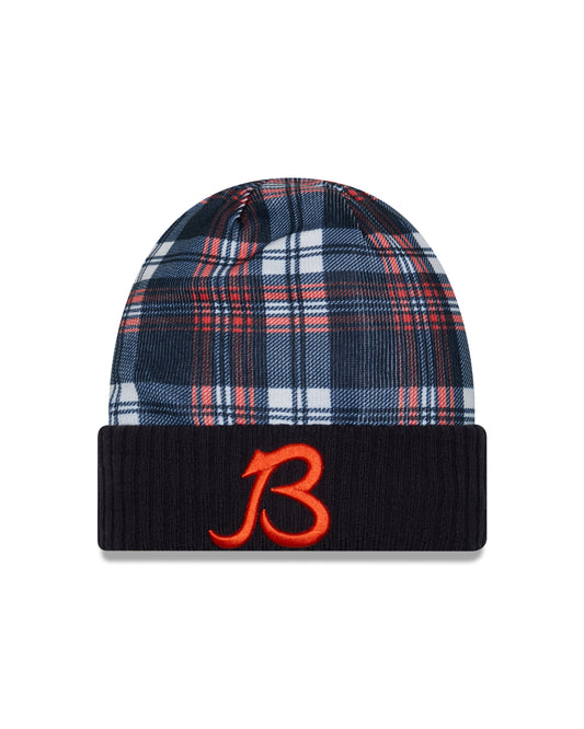 Men's Chicago Bears New Era Plaid/Navy 2024 Sideline Statement B Logo Cuffed Knit Hat