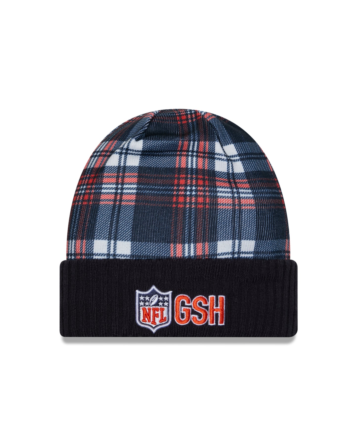 Men's Chicago Bears New Era Plaid/Navy 2024 Sideline Statement B Logo Cuffed Knit Hat