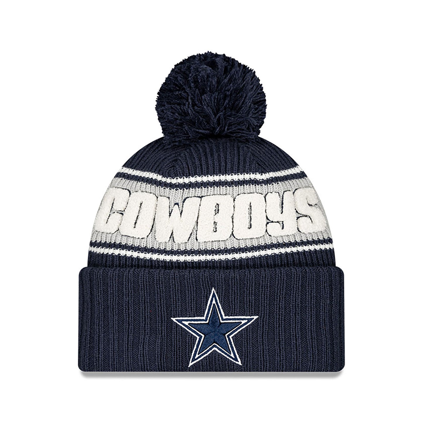 Dallas Cowboys New Era 2024 NFL Sideline Navy Cuffed Pom Knit Hat