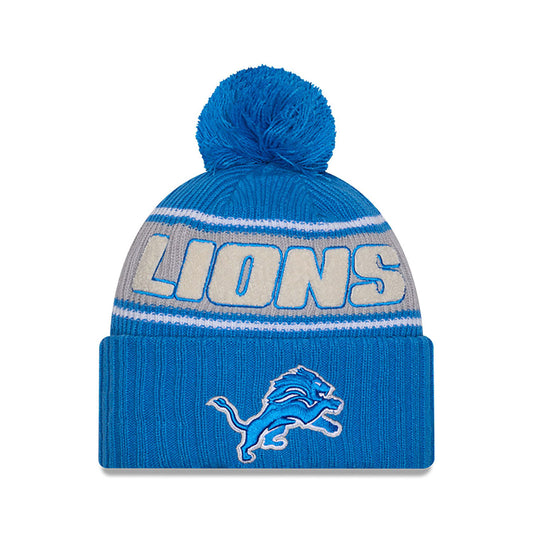 Detroit Lions New Era 2024 NFL Sideline Blue Cuffed Pom Knit Hat