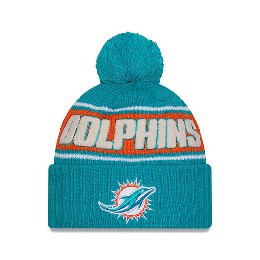 Miami Dolphins New Era 2024 NFL Sideline Aqua Cuffed Pom Knit Hat