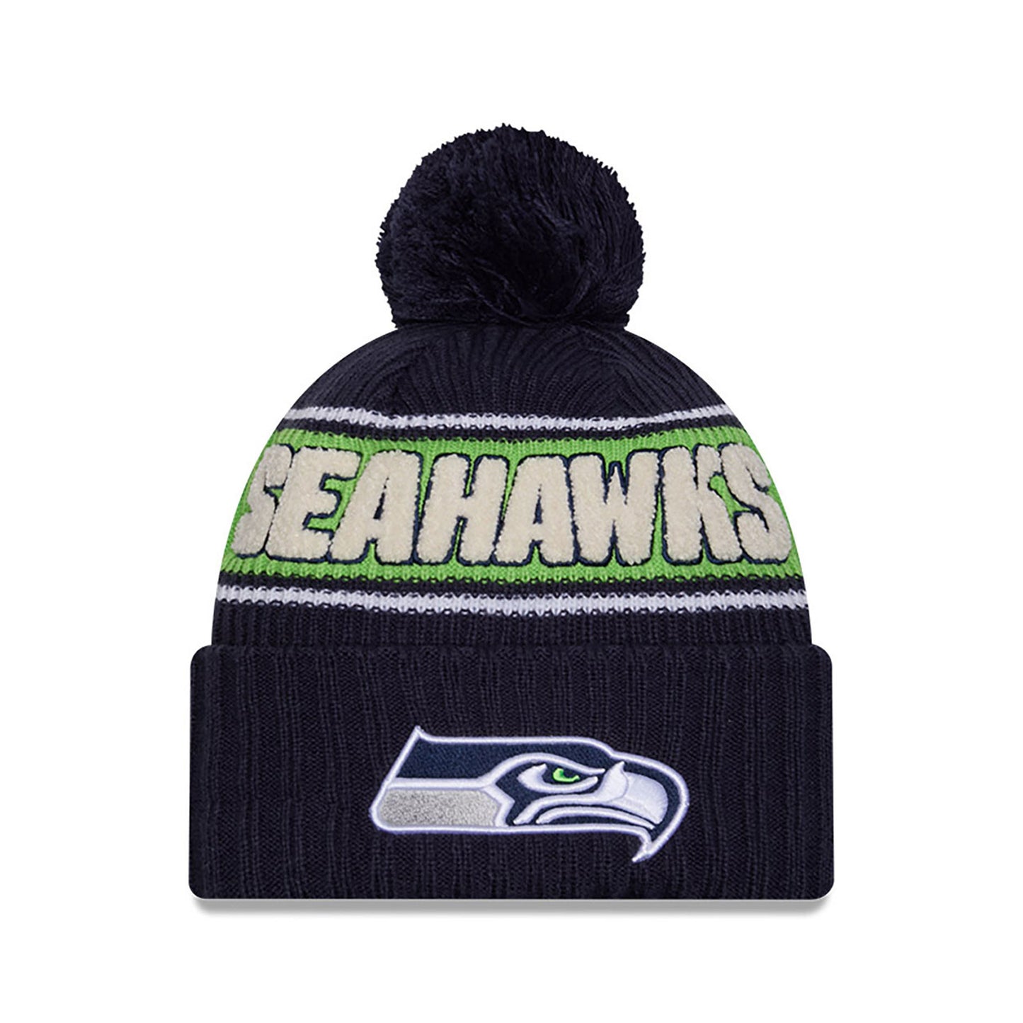 Seattle Seahawks New Era 2024 NFL Sideline Navy Cuffed Pom Knit Hat