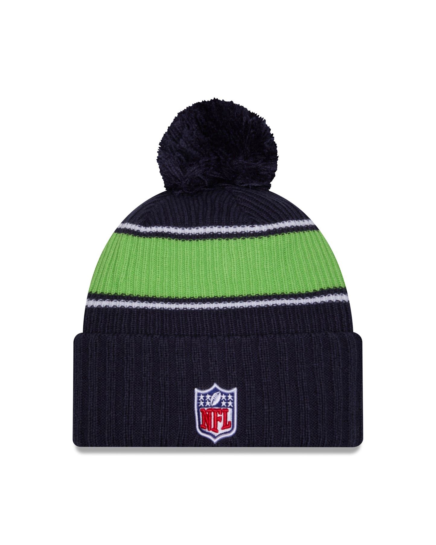 Seattle Seahawks New Era 2024 NFL Sideline Navy Cuffed Pom Knit Hat