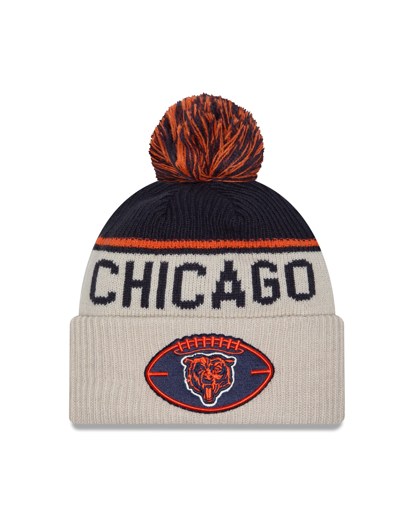 Chicago Bears New Era 2024 NFL Sideline Historic Stone/ Navy Cuffed Pom Knit Hat